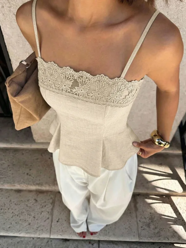 Vintage Beige Lace Spliced Camisole Women Slim Fit Peplum Hem Sling Top Casual Summer Sleeveless Vest