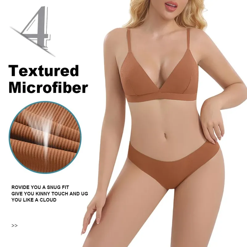 Reggiseno senza montatura senza cuciture da donna a costine con coppa a triangolo e slip intimo Set intimo da donna Set lingerie sexy