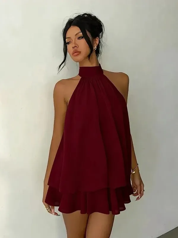 Women Halter Neck Backless Tie Mini Dress Summer Sleeveless Chiffon Ruffle Short Dresses Sexy Club Party Beach Vacation Outfit
