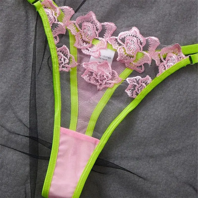 Women Lingerie Thong Outfit Sexy Transparent Mesh Bra Delicate Floral Lace Sheer Elegant Fashion Apparel Daily Ladies Underwear