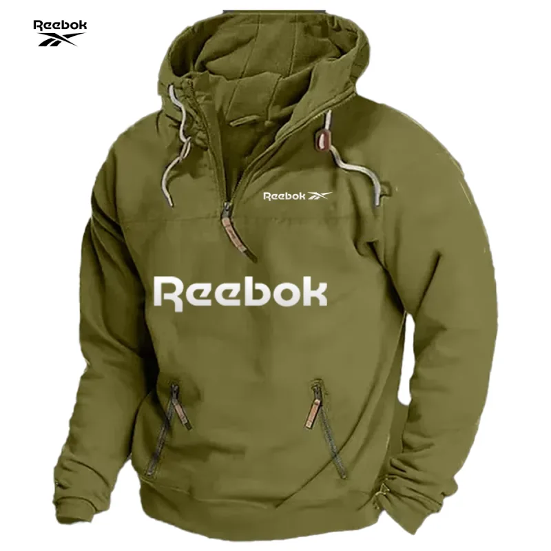 Reebok Men's Spring/Autumn Hooded Sweatshirt, Retro Sports Style, Loose Casual Top, Solid Color with Multiple Zippers Design