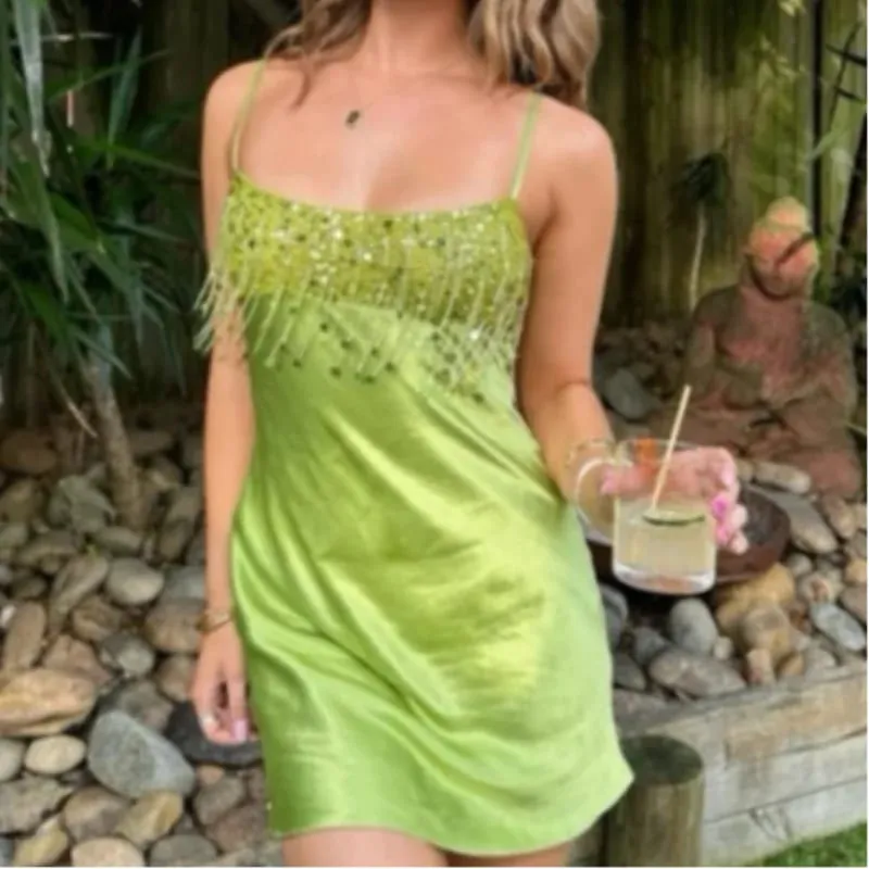 Chic High End Sequin Tassel Satin Dress Women's Elegant Straps Low Neck Mini Vistidos 2026 Stylish Back Zipper Beach Party Gown