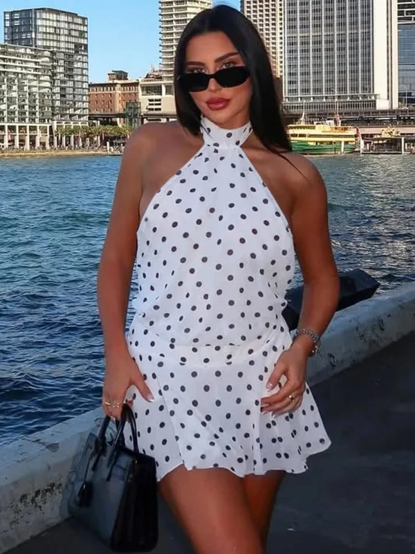 Hugcitar Polka Dot Cetak Halter Tanpa Lengan Pembalut Tanpa Belakang Seksi Slim Mini Dress Musim Panas Wanita Fesyen Pakaian Percutian Parti