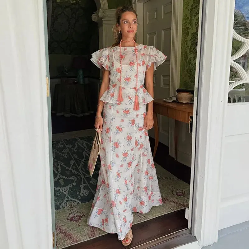 Floral Print Lace Trim Flutter Sleeve Maxi Dress Deep V-Neck High-Low Chiffon 2026 Summer Chic Romantic Women Feminine Gown