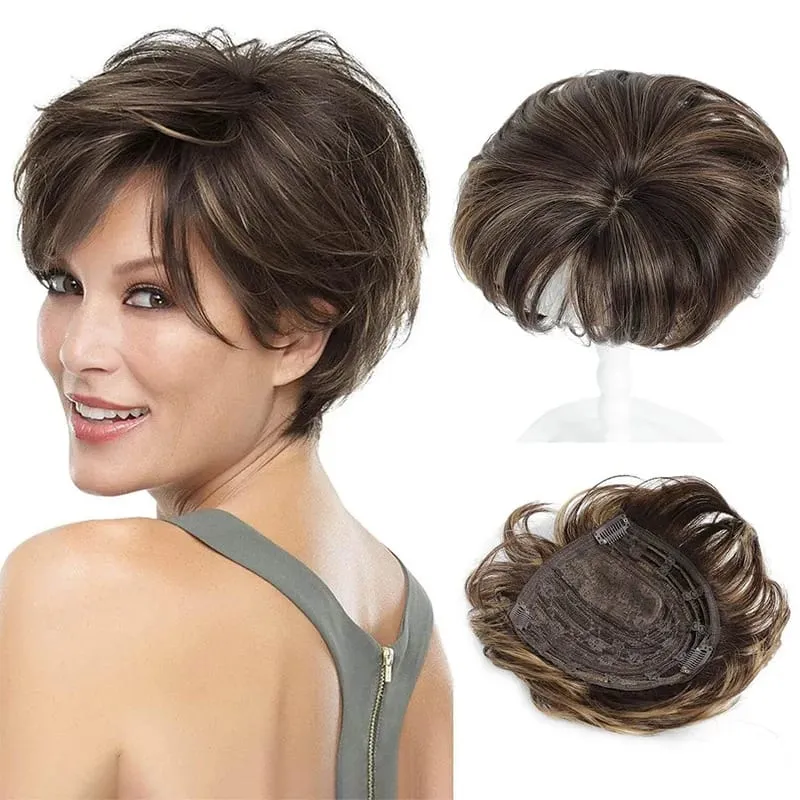 Synthetic 6inch Short Straight Topper Hairpiece Clip in Hair Extensions Natural Fluffy Head Top Hair Piece Replacement Cover