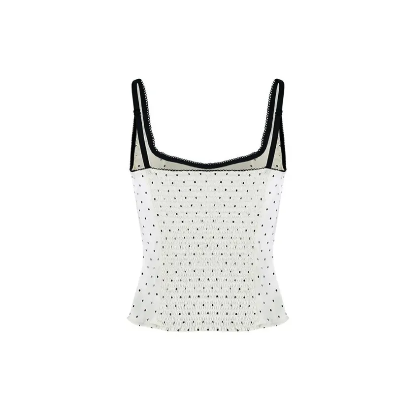 Street Chic Spaghetti Strap Polka Dot Tank Top Square Neck Slim Cropped Sleeveless Silk Vest Off-shoulder Lace Camis Female