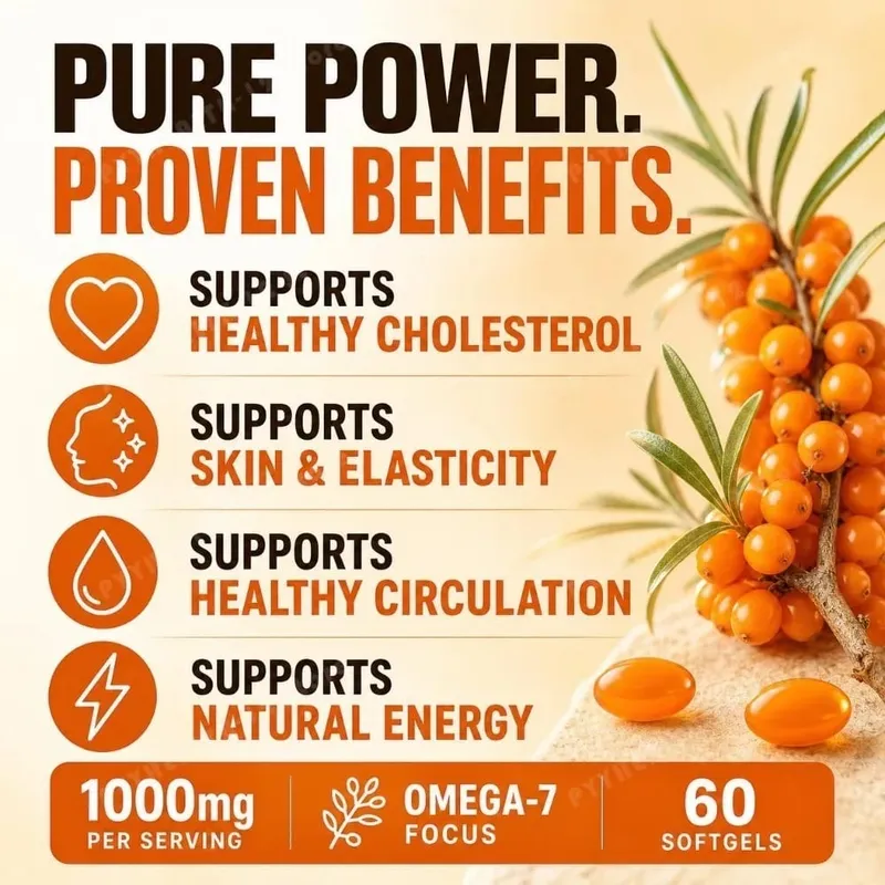 Sea Buckthorn Oil 1000mg Omega-7 Softgels Supports Healthy Cholesterol Skin Elasticity Circulation Antioxidant 60 Capsules