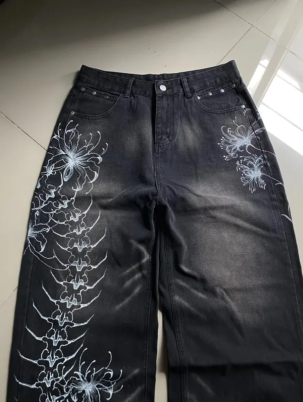 Y2K Vintage Gothic High Street Denim Black Wash Gradient Spine Spider Lily Print Wide Leg Jeans
