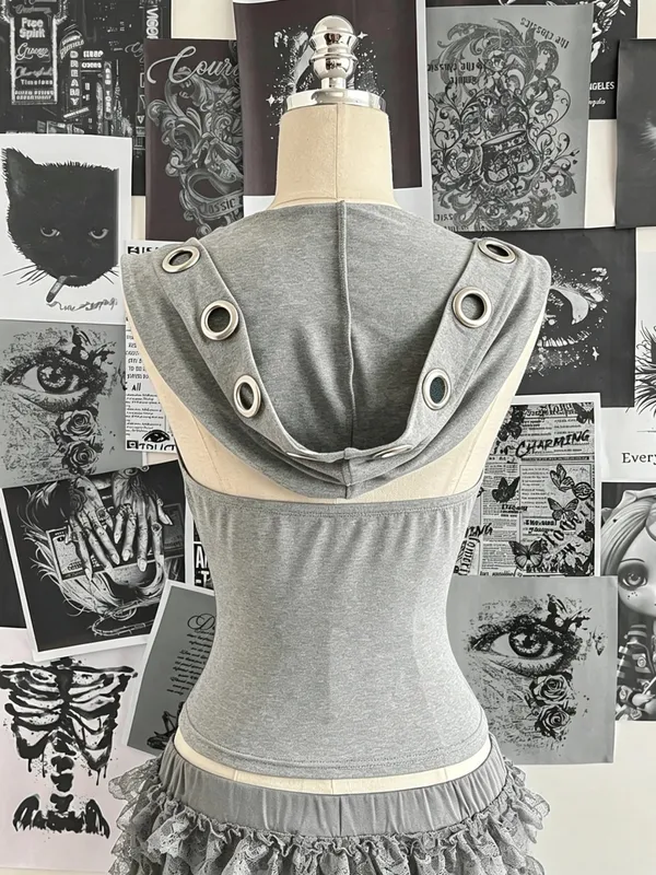 Women Sleeveless Hooded Eyelet Ring Cowl Neck Slim Crop Tank Top 2026 Gothic Y2K Streetwear Grunge Halter Camisole