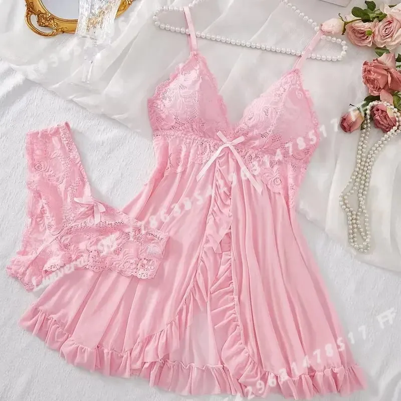 Women Sexy Lingerie Set Lace Bra Nightdress Solid Color Slim Fit Soft Sleepwear Erotic Underwear Dress