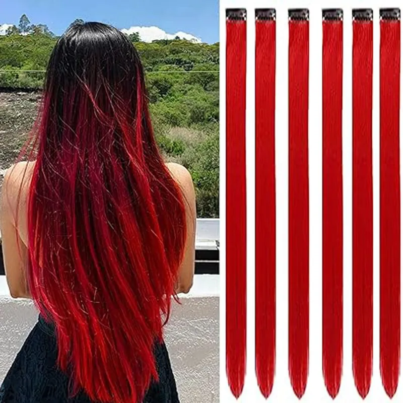 6 Pcs Clip Ins Hair Extensions 22 Inch Straight Colorful Clip In Hair Extensions Rainbow Party Highlights Synthetic Hairpiece