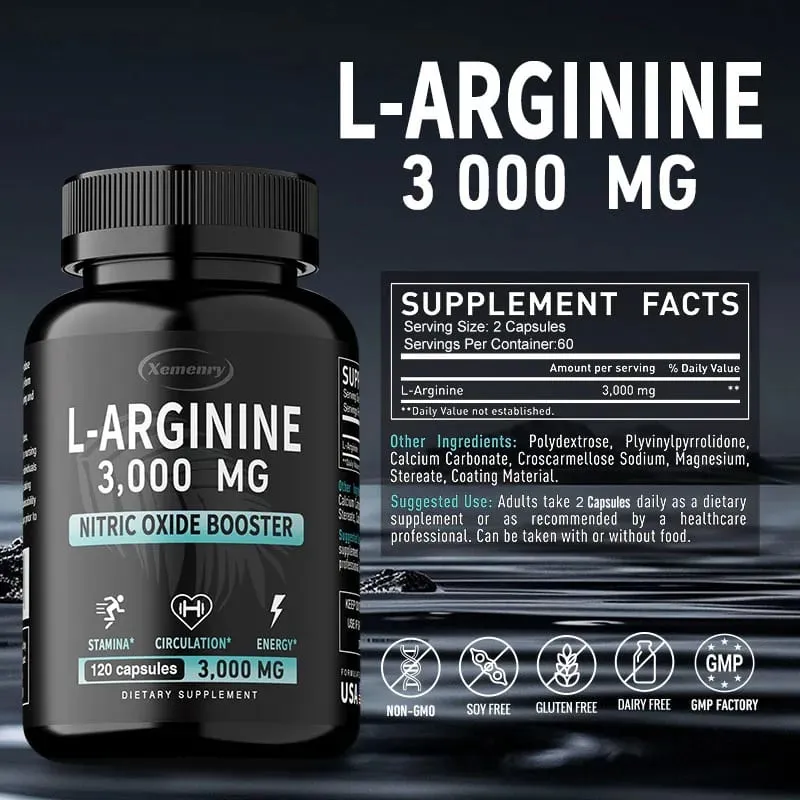 L-Arginine Capsules Supplement - for Energy Strength and Endurance Support During Exercise | Muscle Mass Non-Gmo