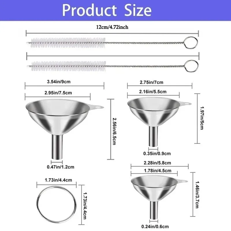 3PCS Stainless Steel Funnels Set Food Grade Metal Funnels with Cleaning Brush for Filling Bottles Kitchen Oil Liquid Filter Tool