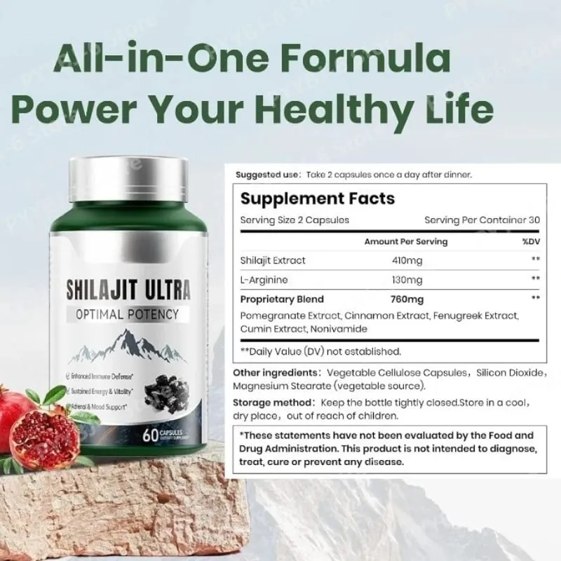 Shilajit Ultra con L-Arginina per energia naturale e vitalità 60 capsule Integratore antiossidante per resistenza e resistenza non OGM