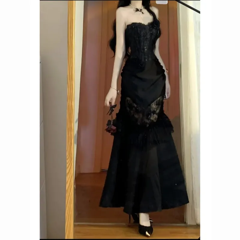 Zomer Gothic Grunge Y2k Kanten Jurk Vrouwen Donkere Academia Sexy Slanke Feestjurken Koreaanse Fashion Design Festival Lange Prom Jurk