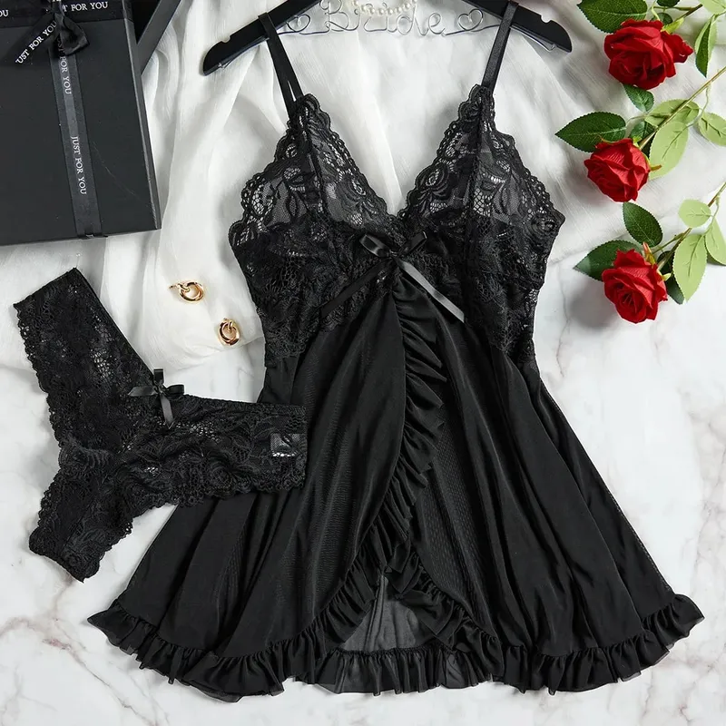 Women Lace Lingerie Set Solid Soft Slim Bra Nightdress Sexy Sleepwear For Women