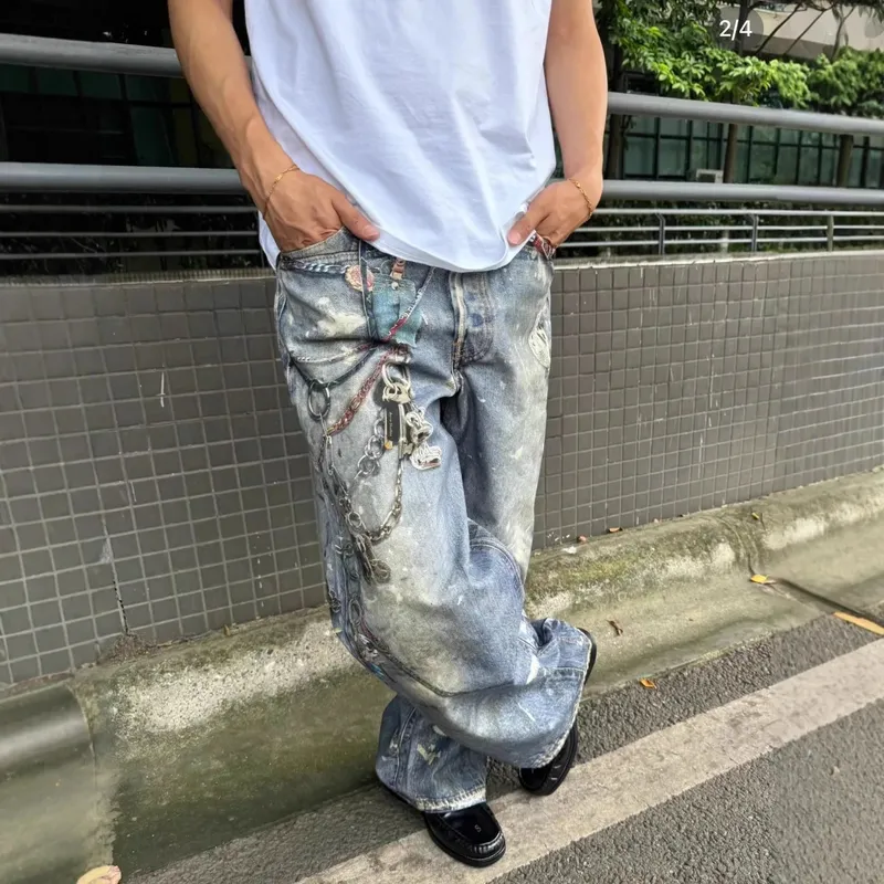 Street 3D Printed Candy Chain Denim Washed Jeans Baggy Fashion Curved Blade Harem Jeans Pants Men Y2k Wide Leg Trousers — image 5