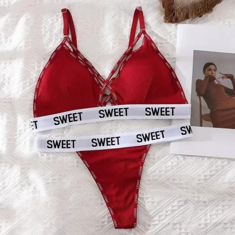 Women Padded Bra And Panties Set Front Cross Wireless Bra Low Rise G-string Female Letter Strap Underwear Sexy Lingerie Set