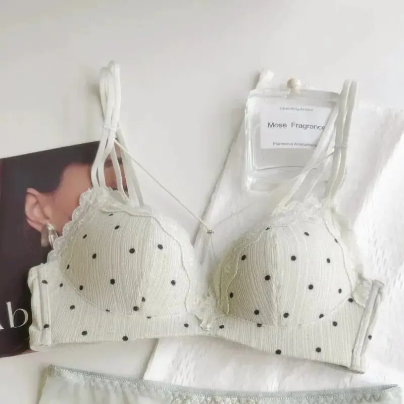 Japanese Polka Dot Underwear Set For Women Cross Back Push Up Bra Lift Support Anti Sagging Cute Fashion Petite Bust Elegance