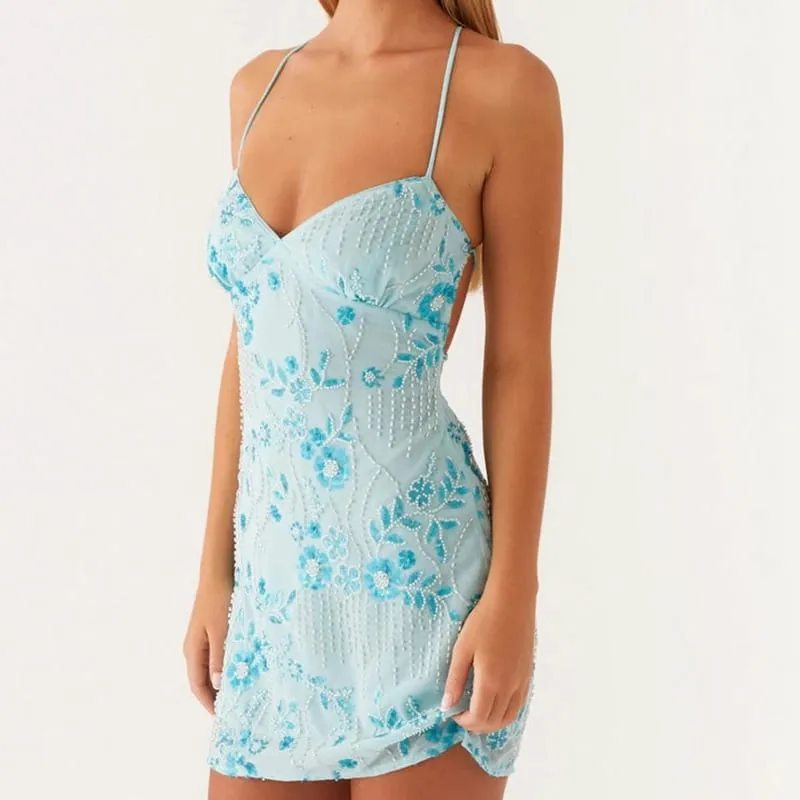 2025 เลื่อมลูกปัด Cami ชุดมินิเซ็กซี่ด้านหน้า V คอสั้นชุดผู้หญิง Backless Criss CROSS STRAPS ชุด