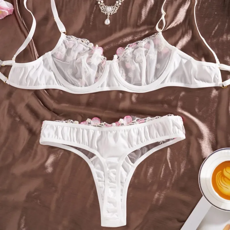 See Through Ultra Thin Transparent Mesh Bra Tongs Sets Underwear Flora Embroidery Underwire Sexy Lingerie Women Brassiere White