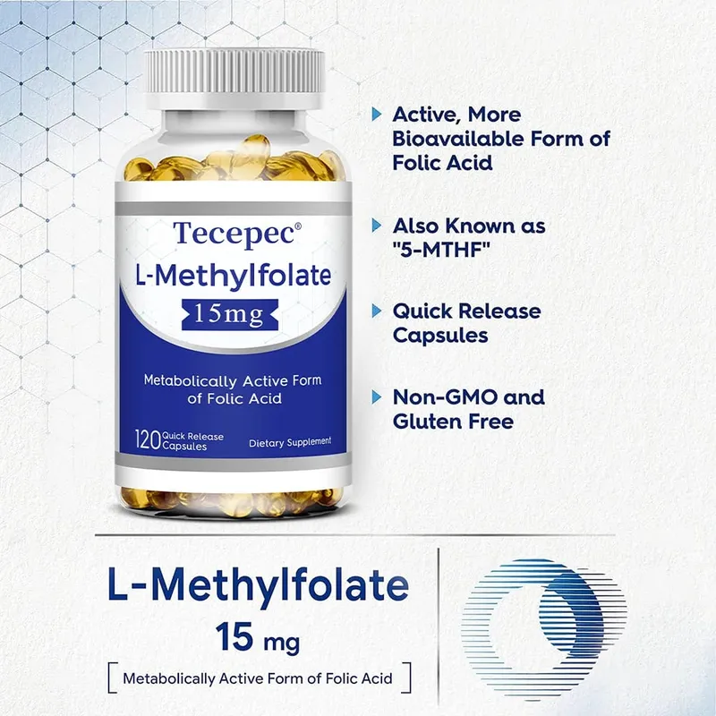 L-Methylfolate 15mg Supplement - Metabolically Active Form of Folic Acid Support Brain & Heart Health Non-GMO Gluten Free