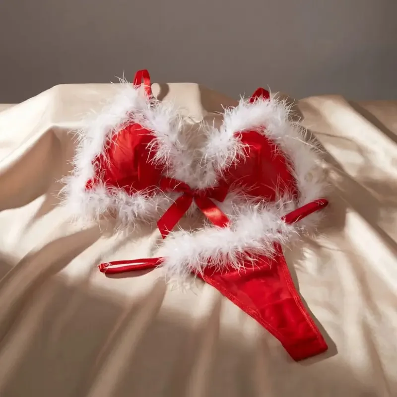Sweet Furry Women's Underwear Wireless Mesh Transparent Lingerie Set Bow Decor Romantic Intimate Bra Panties Suit Anniversary