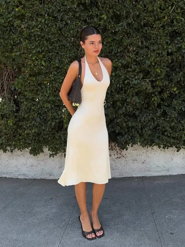 Women's Back Cutout Tie Halter Maxi Dress Elegant White U-Neck Slim Knit Mermaid Dress 2026 Summer Street Date Vacation Outfit — image 8