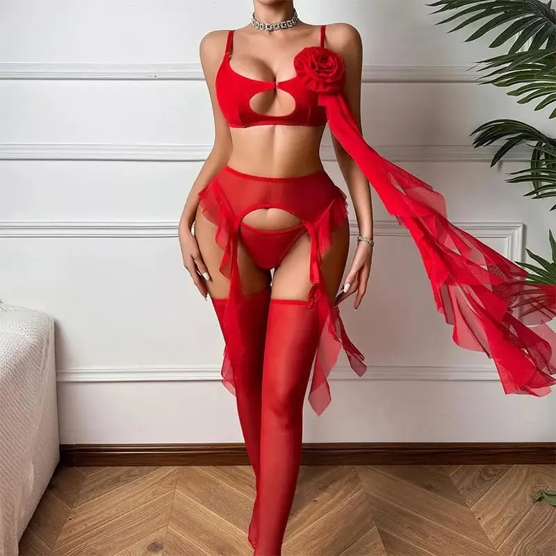 Red See Through Mesh Bra Set With Red Rose Decor Ruffle Edge Shapewear For Women Sexy Lingerie Split Set Sexy Lingerie Female