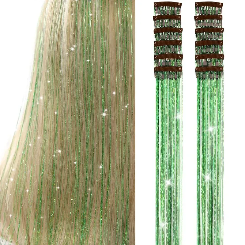 12 Pcs Colorful Clip in Hair Tinsel Extensions Fairy Glitter Hair Accessories synthetic 20‘’ Party Kit for Women Girls Kids