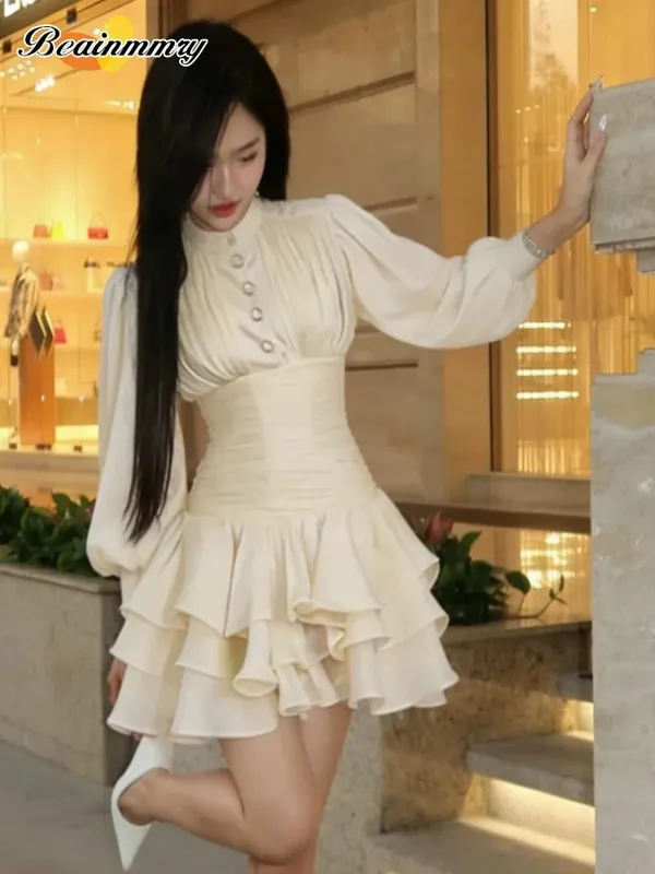 Cream Victorian-inspired Mini Dress Women Puff-sleeve Ruched Tiered Romantic Cottagecore Party Dresses 2026 Trendy Chic Outfit