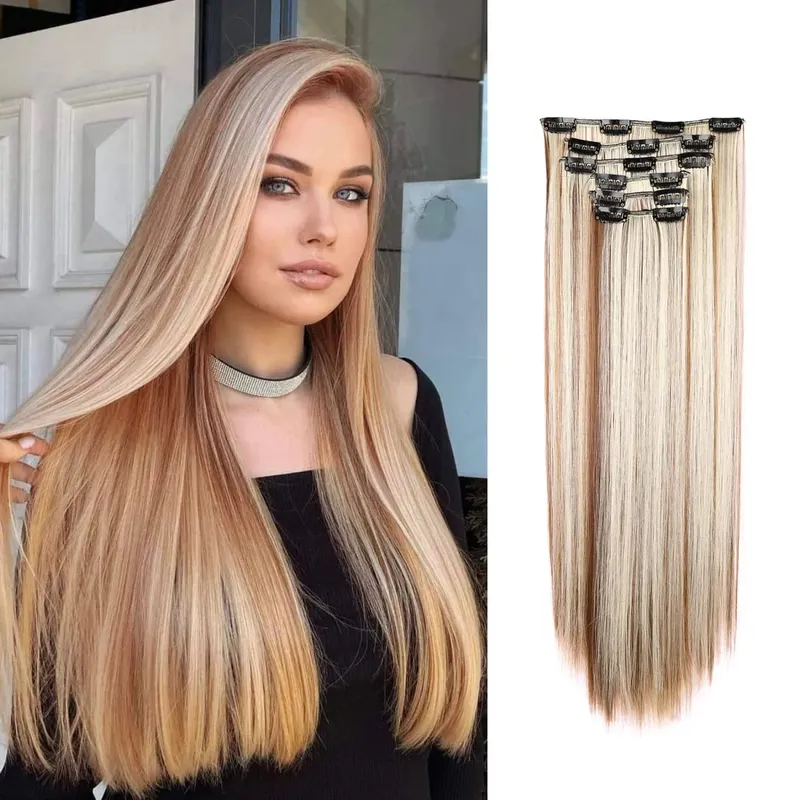 Synthetic Clip in Hair Extensions Clip in 6pcs set Straight Hair 22inch Thick Hairpieces for Women Girls Daily Party