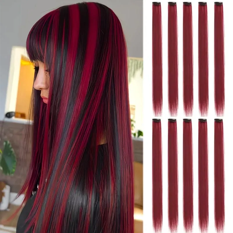 10PCS Hair Extensions Clip in -24 inch Colorful Hair Extensions Party Highlights Long Straight Synthetic Wigs Suitable for Girl