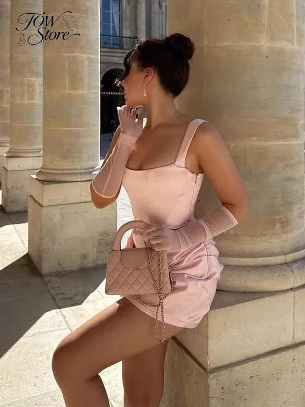 Square-neck Halter Mini Dress Women Sexy Pleated Sleeveless Backless High Waist Bodycon Dresses 2026 Women's Summer Party Robes