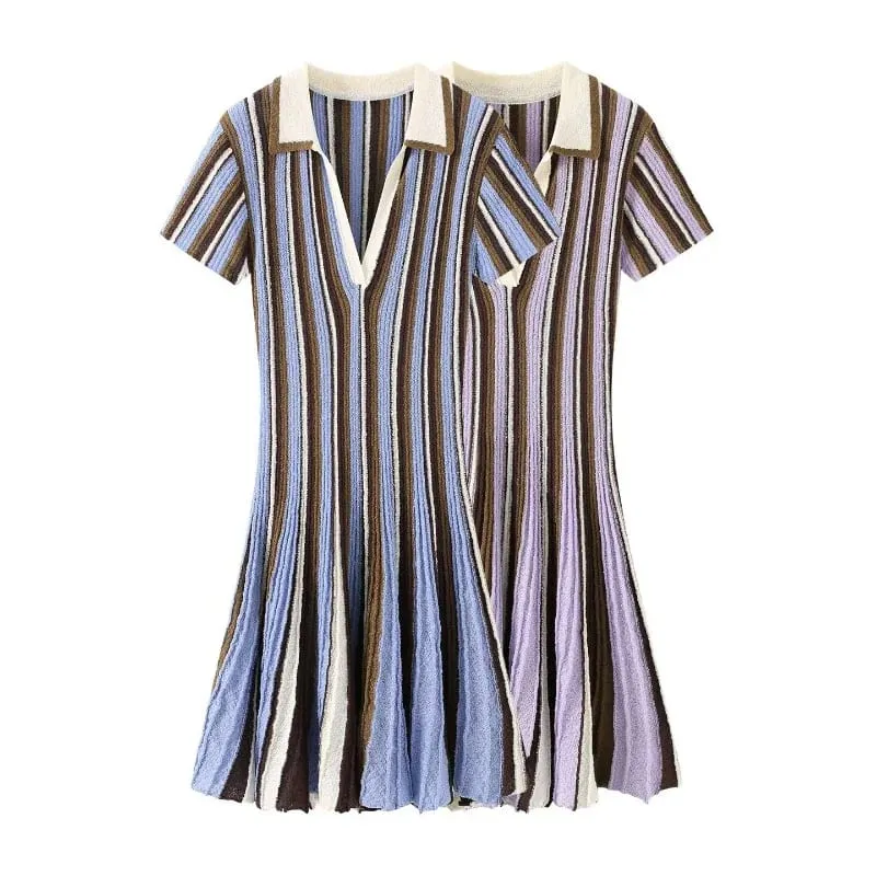 Short Sleeve Polo Collar Knitted Striped Mini Dress V Neck Waist Cinching Flared A Line Casual Summer Vacation Women Dresses