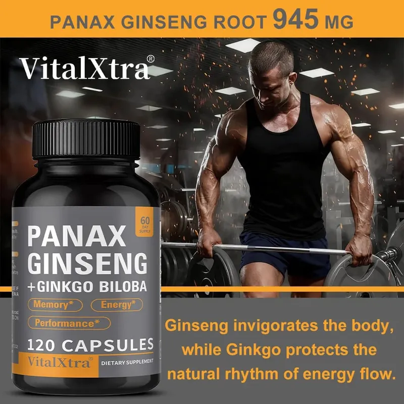 Panax Ginseng + Ginkgo Biloba 120 Vegan Capsules Supports Heart Health and Muscle Function Athletic Performance