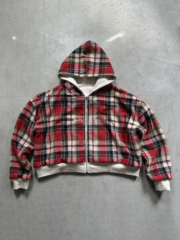 Winter Casual Plaid Print Hoodie Women's Warm Zip-Up Double-Sided Wear Sweatshirt Female Fashion Trendy Loose Hooded
