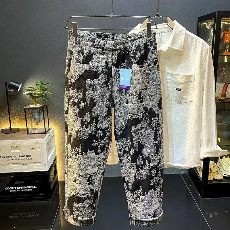 Autumn and Spring New Fashion Trend Print Retro Sports Straight Leg Jeans Men's Casual Comfortable High Quality Denim Pants