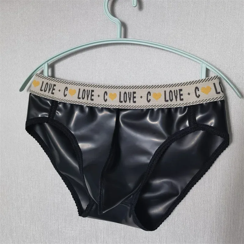 Men Latex Leather Underwear Sexy Underpants Seamless Briefs Low Waist Translucent Scrotum Bulge Panties for Gay Erotic Lingerie