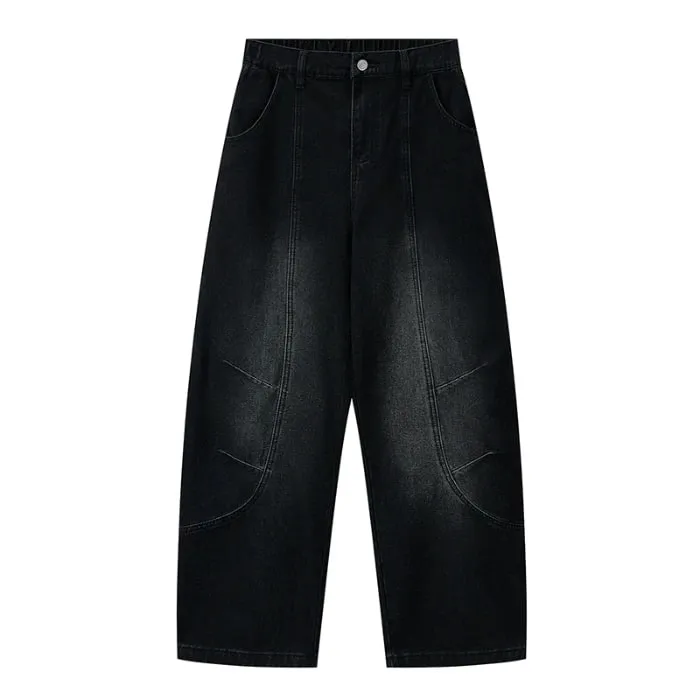 American High Street Curved Wide Leg Jeans For Men Vintage Grey Draped Loose Hip Hop Designer Bottoms