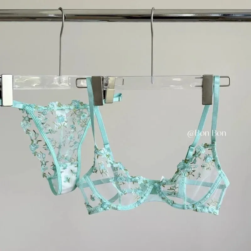 French Sheer Floral Lingerie Set Ultra Thin Sexy See Through Bralette with Soft Underwire & Women Large Bust Support S-XL MOYISU