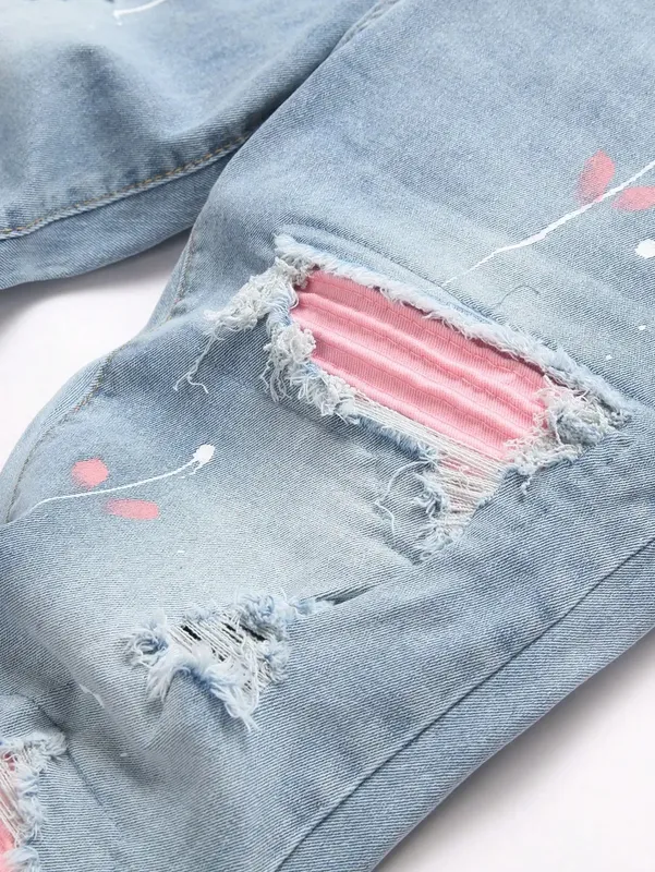 High Stretch Men Distressed Denim Jeans Ripped Hole Pink Biker Patches Paint Slim Fit Denim Trousers Casual Street Hip Hop Pants