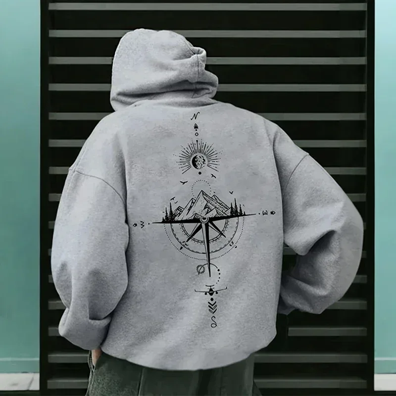 Vintage Compass Print Hoodies for Men High Quality Hooded Long Sleeve Pullover All Season Daily Casual Sports Tops Men's Clothes — image 5