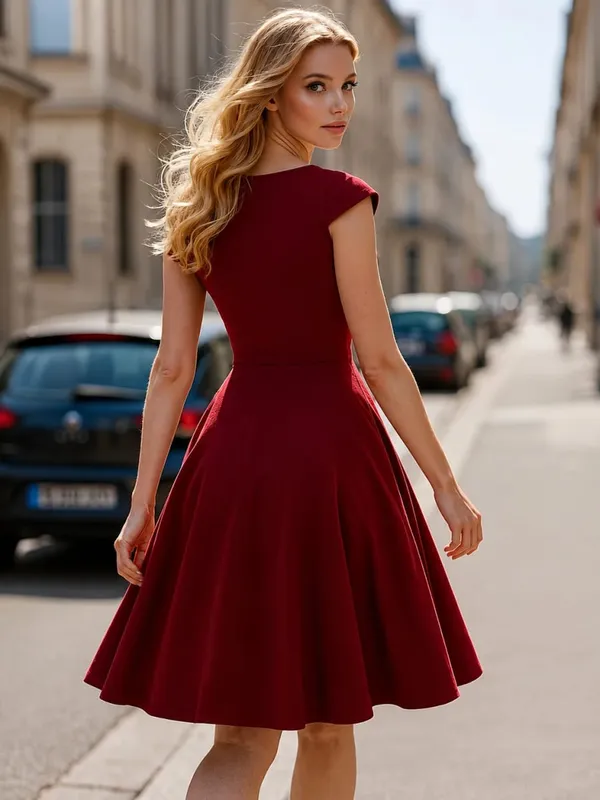 Abito da donna elegante girocollo estivo manica corta tinta unita linea A al ginocchio abito a vita alta spavaldo matrimonio festa partenza casual