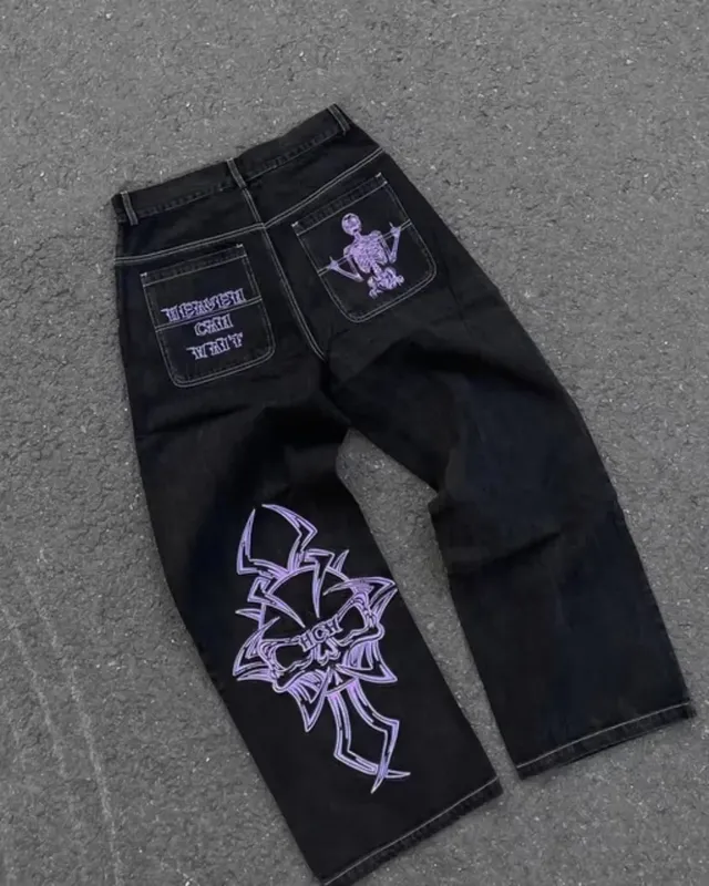 Retro Skull Embroidery Y2K Jeans Mens Hip Hop Washed Baggy Denim Pants New Straight Casual Loose Wide Leg Trouser Streetwear