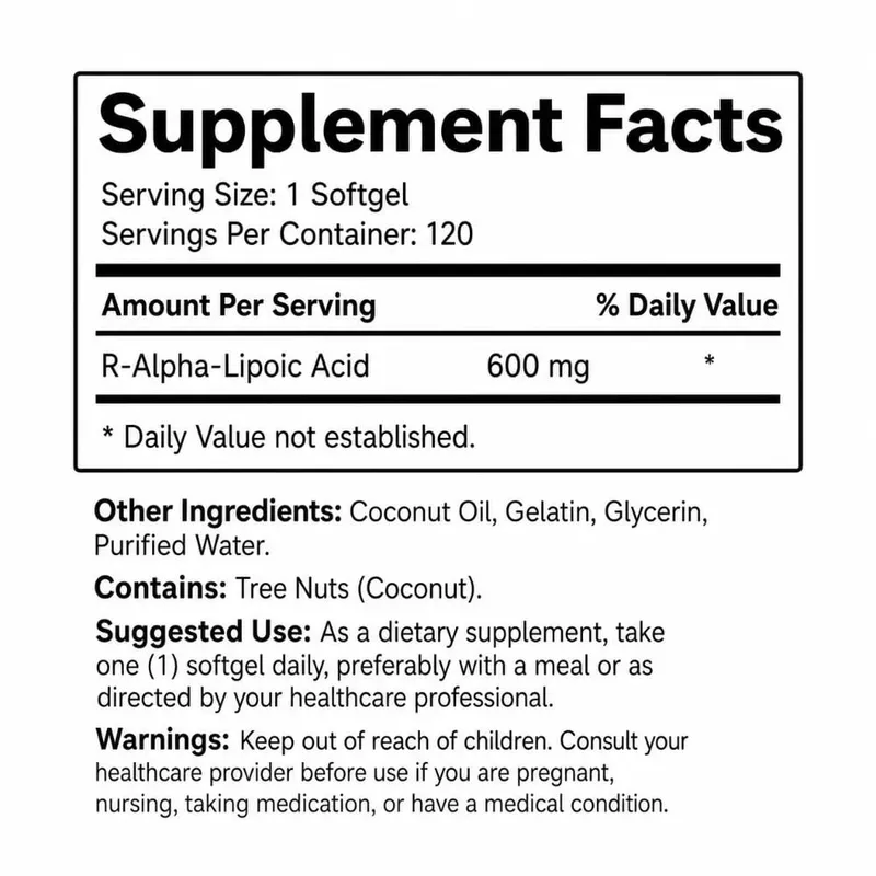 R-Alpha Lipoic Acid Softgels 600 mg Per Serving 120 Count Made with Coconut Oil Convenient Daily Wellness Nutritional Support