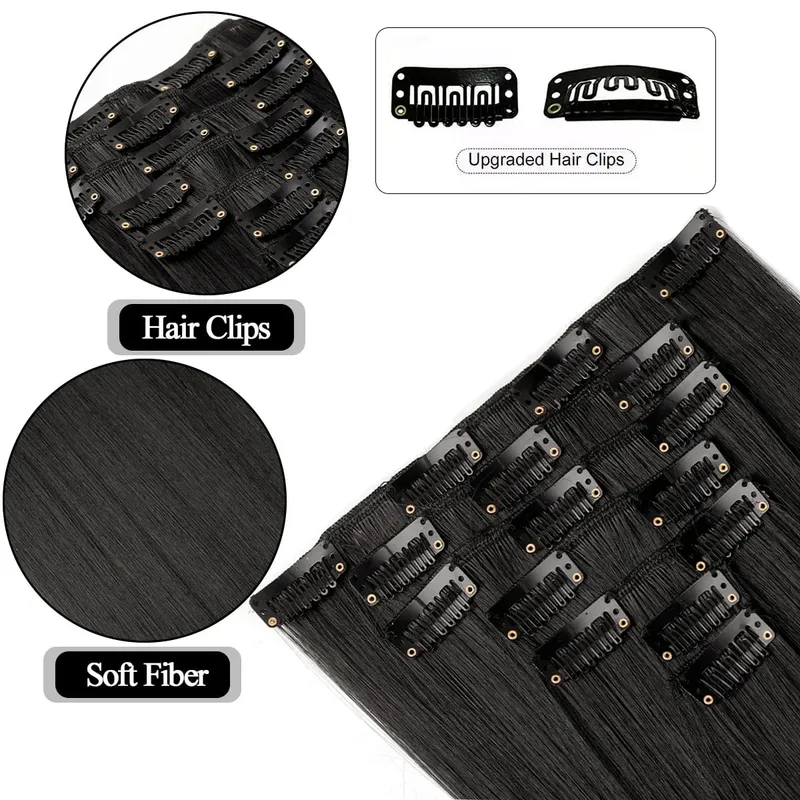 16 clipes longos e retos sintéticos, extensões de cabelo, fibra natural de alta temperatura, loiro, preto, marrom, budabuda