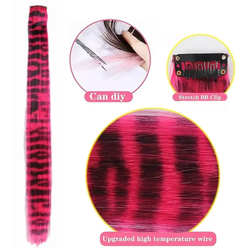 1pc/set Stripe Printed Hair Colorful Long Straight Hair Pieces Synthetic Clip-in Hair Extensions for Daily Use Party Halloween
