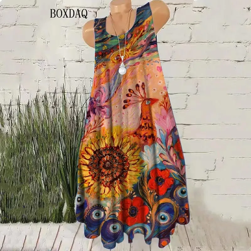 Gradient Kvinnor Vintage Korta Klänningar Ärmlös sommar 3D Tie-dye Street Style Kvinnlig Klänning Lös Casual O-Neck Mini Klänning