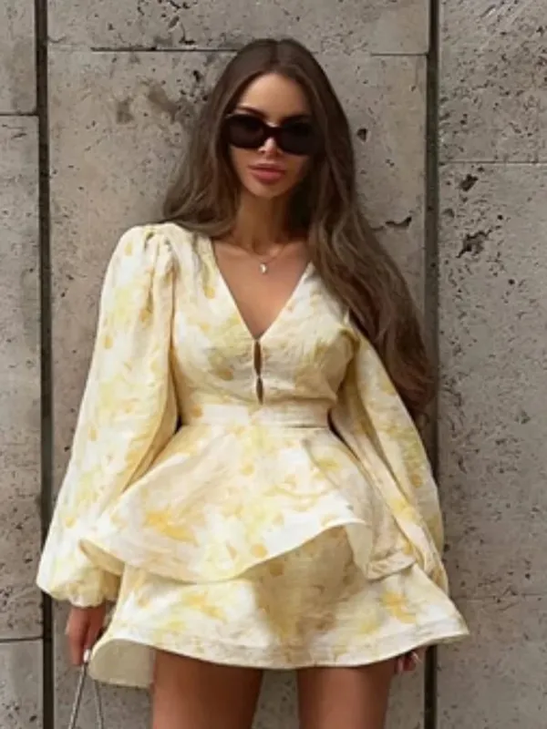 Elegant Floral Printed Mini Dress Women Chic V-neck Full Sleeves Single Breasted Slim A-line Short Dresses 2026 Lady Party Robes